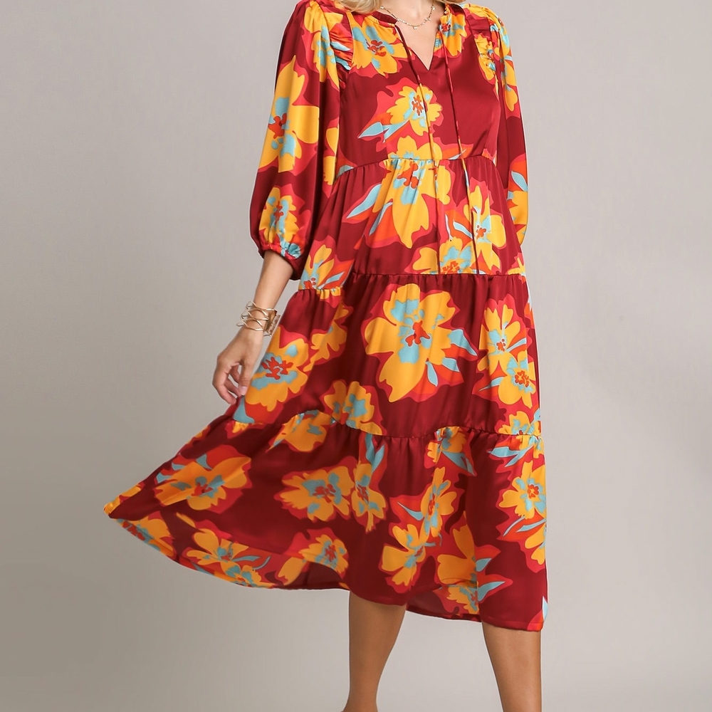 Umgee Burgundy and Yellow Floral Midi Dress